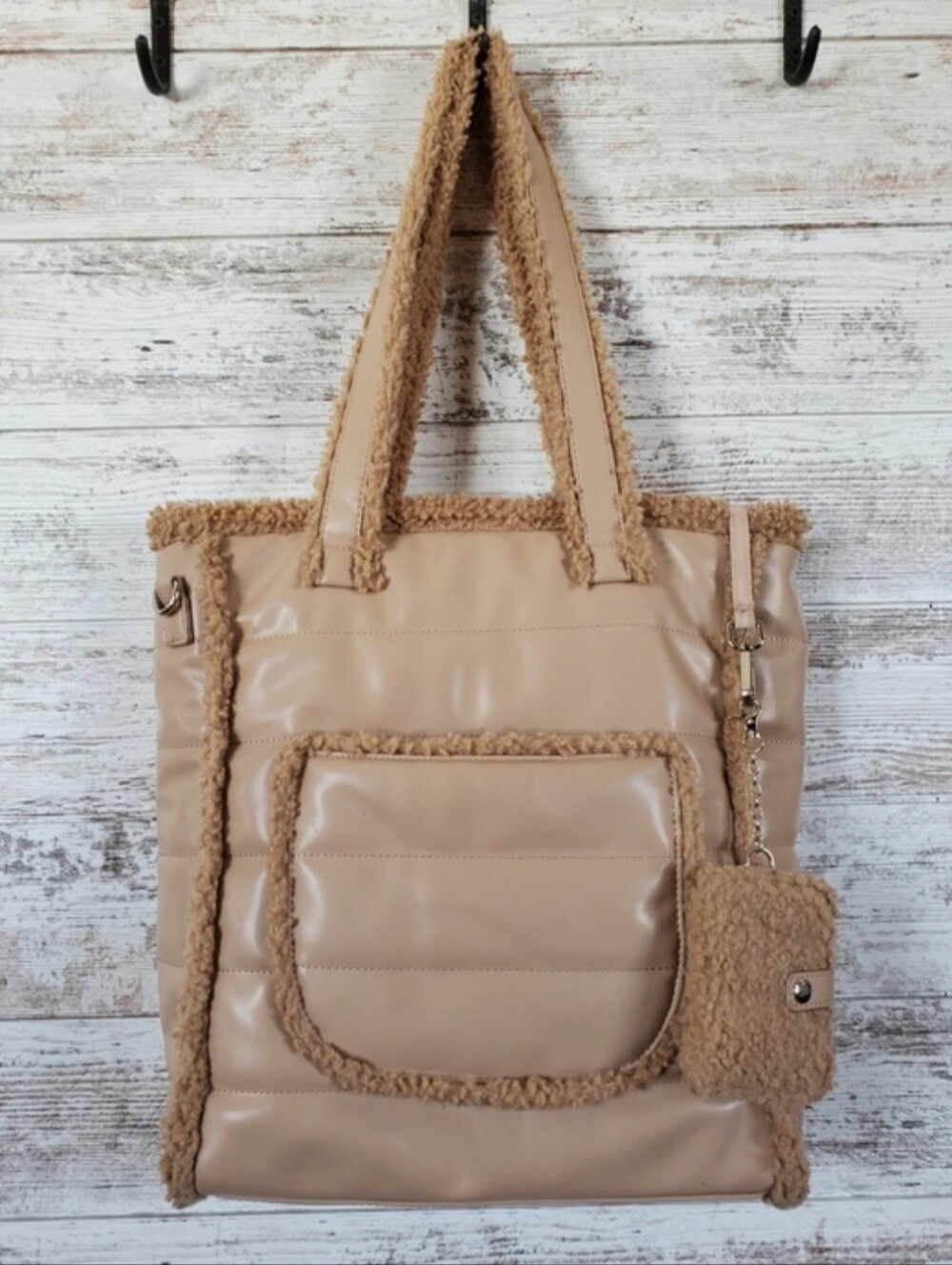 Aspen Puffy Tote Bag Sherpa Trim Quilted Faux Leather Shoulder Purse